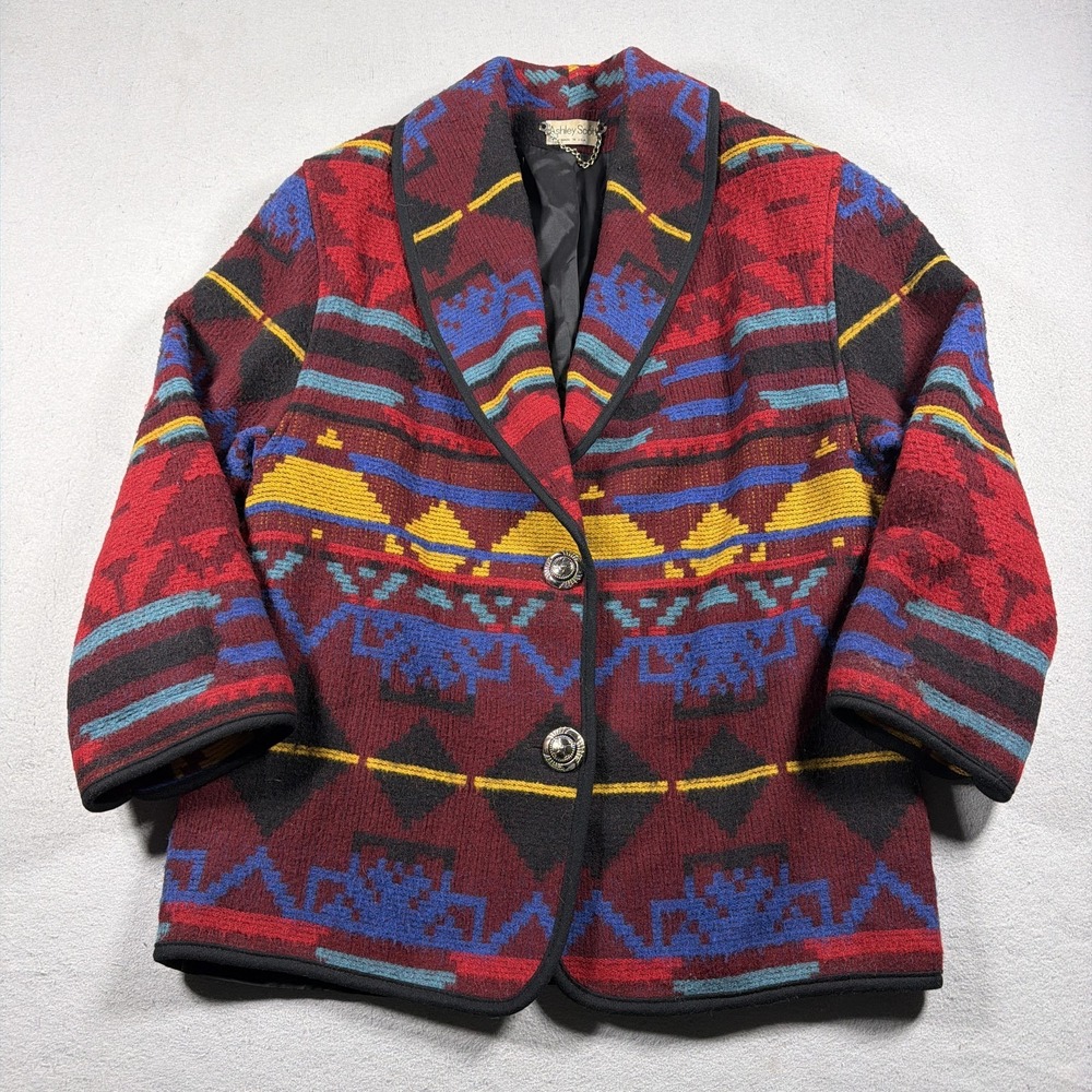Ashley Scott Jacket Women XL Relaxed Southwestern Tribal Red Wool Knit Western